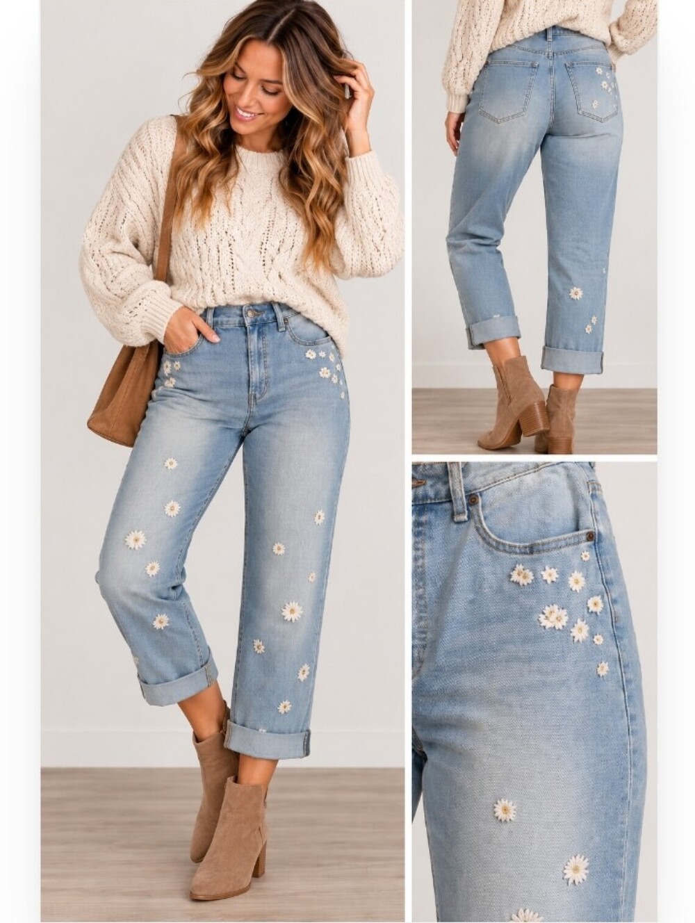 Womenโs Light Wash Daisy Embroidered Cuffed Jeans Cottagecore Size 10/30